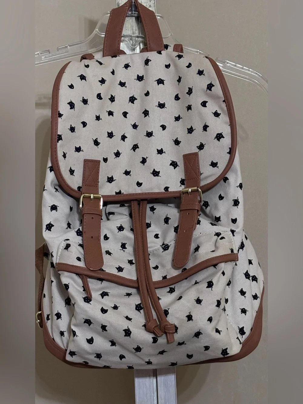 Canvas Cat Print Drawstring Backpack with Brown Faux Leather Trim